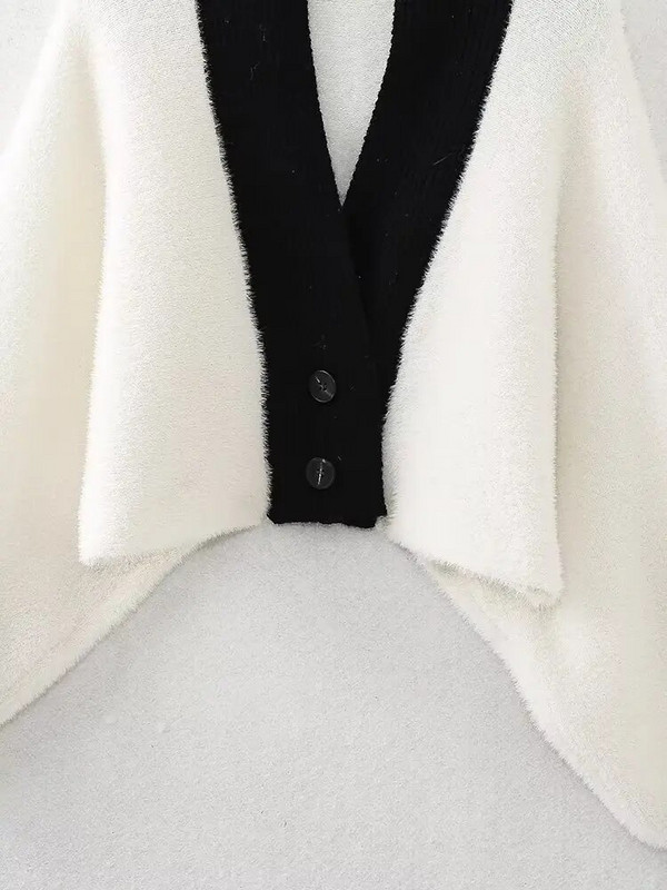 Zevity Ženski modni V izrez Crno-bijeli patchwork pleteni kimono džemper Ženski šik kardigan s rukavima u obliku krila šišmiša Gornji kaput CT5164