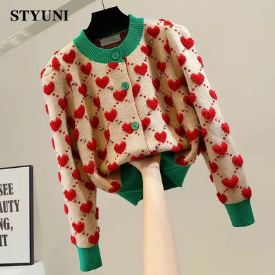 Heart Argyle Diamonds О-образно деколте High Street Kawaii Плетени дамски пуловери с копчета с дълъг ръкав Къси пуловери Дамски жилетки