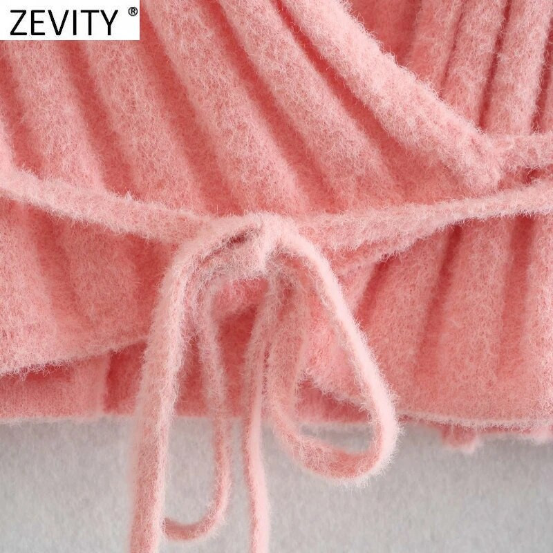 Zevity Ženski slatki dugih rukava s otvorenim prošivanim remenom, kratki pleteni pulover Femme Chic s otvorenim ovratnikom, ležerni kardigan, gornji dio SW800