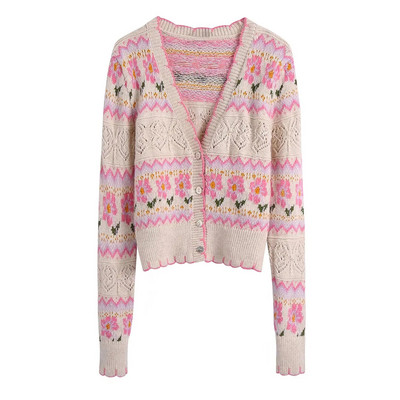 Zevity Women Sweet V kakla ziedu raibveida druka, žakvadu adīšanas džemperis Femme Chic, poga ar garām piedurknēm, jaciņa mēteļu topi SW943