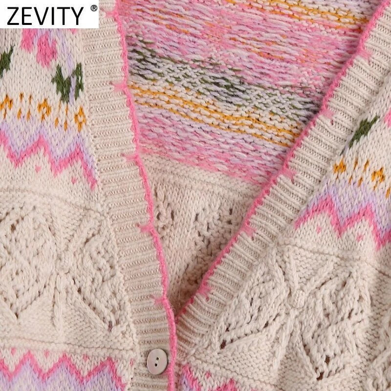 Zevity Women Sweet V kakla ziedu raibveida druka, žakvadu adīšanas džemperis Femme Chic, poga ar garām piedurknēm, jaciņa mēteļu topi SW943