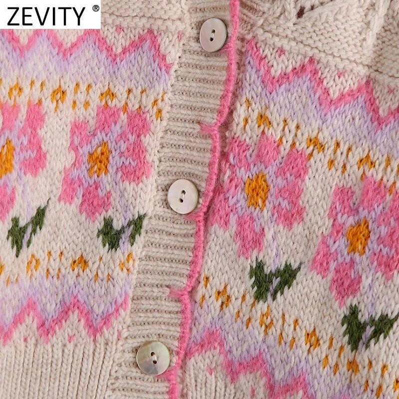 Zevity Women Sweet V kakla ziedu raibveida druka, žakvadu adīšanas džemperis Femme Chic, poga ar garām piedurknēm, jaciņa mēteļu topi SW943