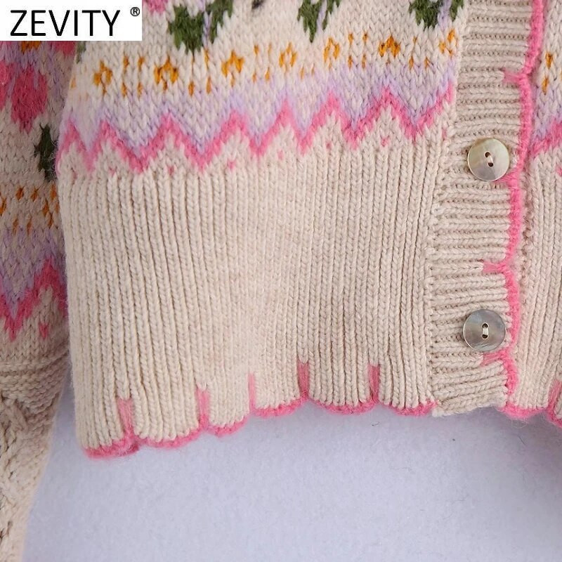 Zevity Women Sweet V kakla ziedu raibveida druka, žakvadu adīšanas džemperis Femme Chic, poga ar garām piedurknēm, jaciņa mēteļu topi SW943