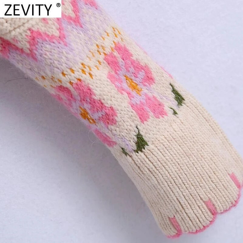 Zevity Women Sweet V kakla ziedu raibveida druka, žakvadu adīšanas džemperis Femme Chic, poga ar garām piedurknēm, jaciņa mēteļu topi SW943