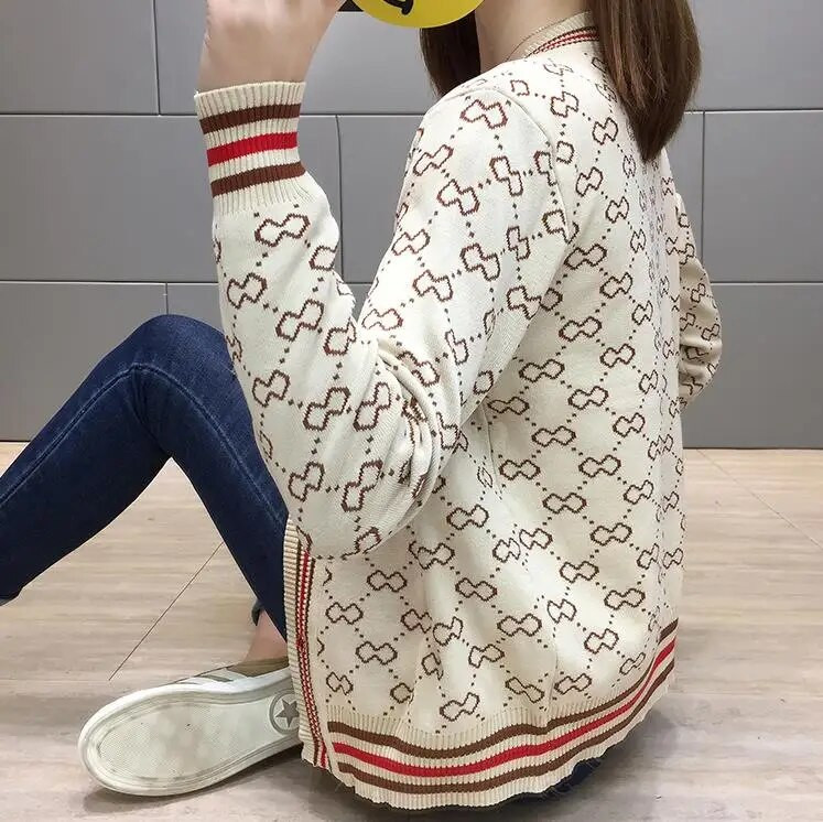 Kardigan Džemper Tkanina Luksuzni kaput Ženski V-izrez i dugmad dugih rukava na rasprodaji Zimska prevelika prozračna rebrasta pletiva