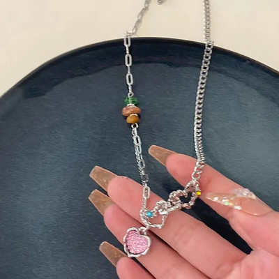 Y2K aksesuāri Modes persiku sirds ūdens pilienu kulonu kaklarota Rozā kristāla Egirl Sweet Cool atslēgas kaula ķēde Estētiskas rotaslietas