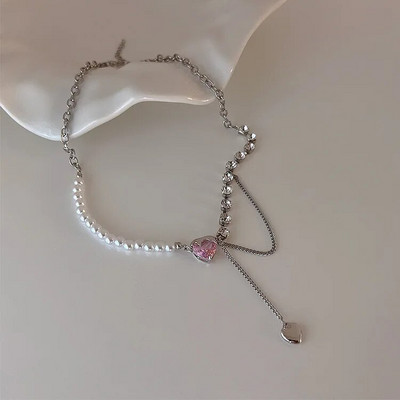 Y2K aksesuāri Modes persiku sirds ūdens pilienu kulonu kaklarota Rozā kristāla Egirl Sweet Cool atslēgas kaula ķēde Estētiskas rotaslietas
