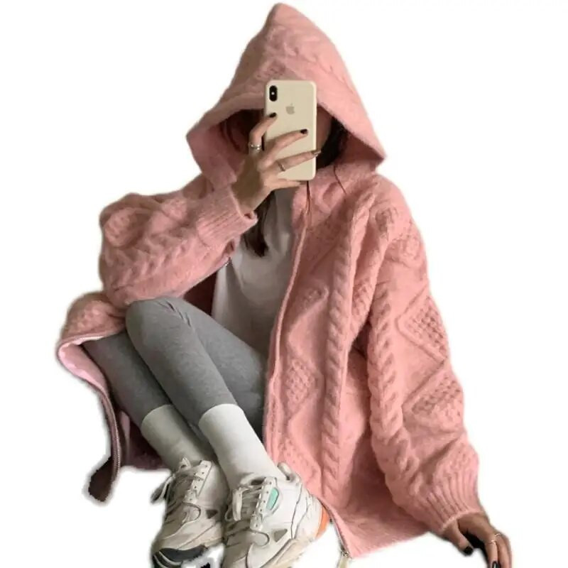 Kardigani s patentnim zatvaračem za žene 2023. Novi pleteni pulover s kapuljačom Oversize Zimska odjeća dugih rukava Ženska jednobojna pletenina u korejskom stilu