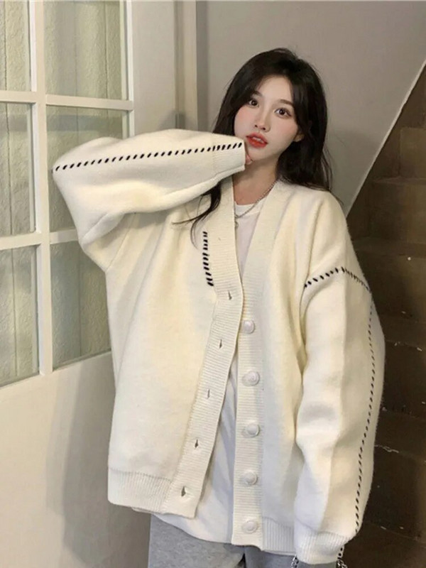 Ikdienas trikotāžas jaciņa sievietēm ar kontrastu, pītu svītru, garām piedurknēm, sieviešu džemperis, 2023. gada rudens, vienrindas mētelis