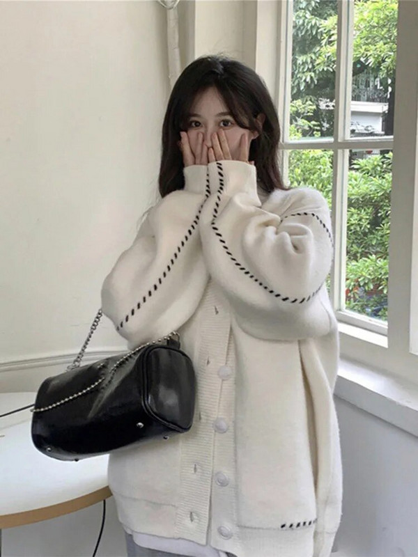 Ikdienas trikotāžas jaciņa sievietēm ar kontrastu, pītu svītru, garām piedurknēm, sieviešu džemperis, 2023. gada rudens, vienrindas mētelis