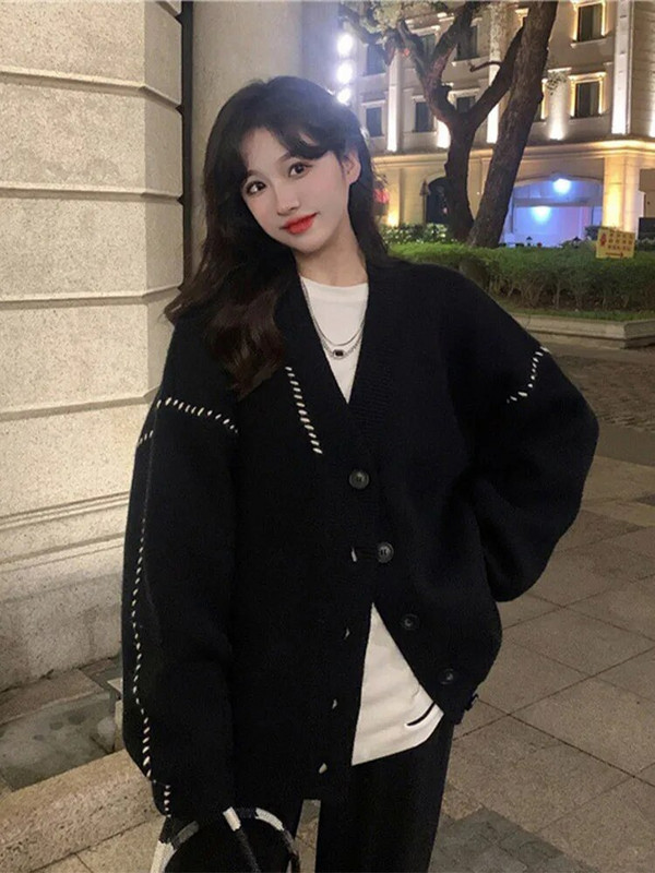 Ikdienas trikotāžas jaciņa sievietēm ar kontrastu, pītu svītru, garām piedurknēm, sieviešu džemperis, 2023. gada rudens, vienrindas mētelis