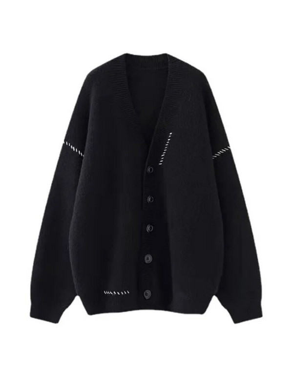 Ikdienas trikotāžas jaciņa sievietēm ar kontrastu, pītu svītru, garām piedurknēm, sieviešu džemperis, 2023. gada rudens, vienrindas mētelis