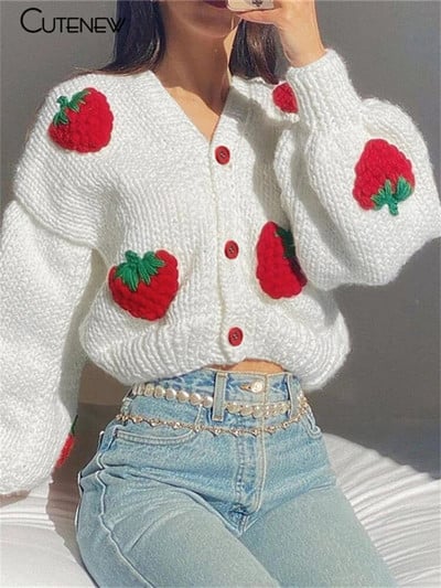 Cutenew Strawberry Kintted Μακρυμάνικο Χαλαρό Μονό Παλτό Γυναικείο Φθινοπωρινό Μόδα Παχύ Ζακέτα Ζακέτα πουλόβερ Streetwear