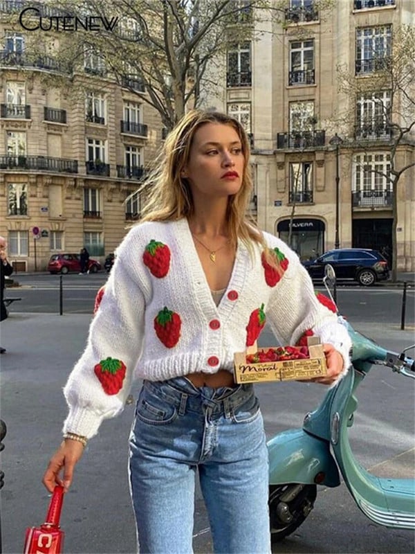Cutenew Strawberry Kintted Labavi kaput s jednim kopčanjem dugih rukava Ženski jesenski modni topli topli džemper Streetwear