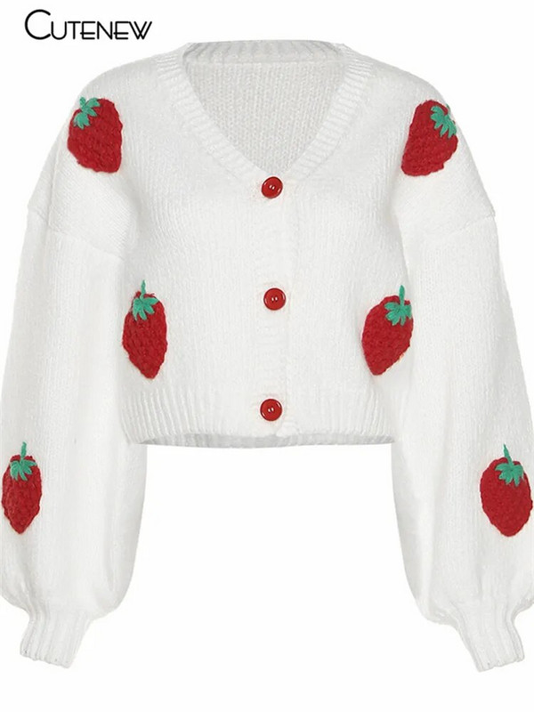 Cutenew Strawberry Kintted Labavi kaput s jednim kopčanjem dugih rukava Ženski jesenski modni topli topli džemper Streetwear