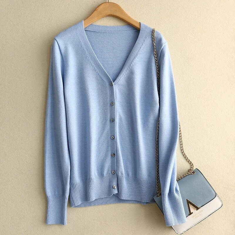 Proljetno-jesenski ženski kardigani s jednorednim kopčanjem, jednobojni pleteni pulover s V-izrezom, uski ženski bijeli kardigani, ležerna gornja odjeća