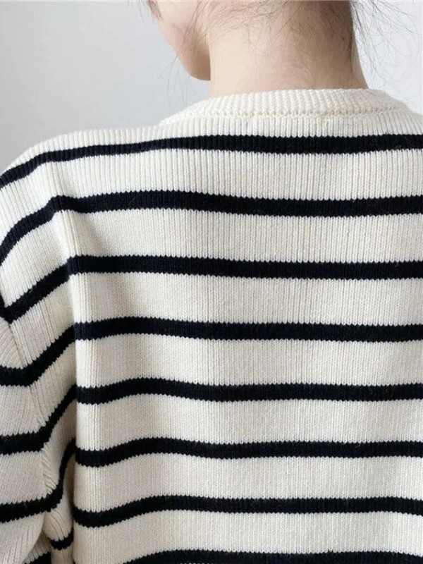 SHENGPALAE svītrains paneļu mīksts elegants džemperis Sieviešu vintage apgriezts salds, meitenes populārs temper Y2k apģērbs 5R315