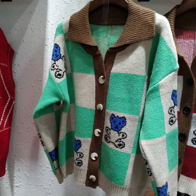 Deeptown korejski pulover s printom medvjeda Ženski kawaii karirani labavi pleteni džemper Japanska modna polo kragna Trenirka jesen