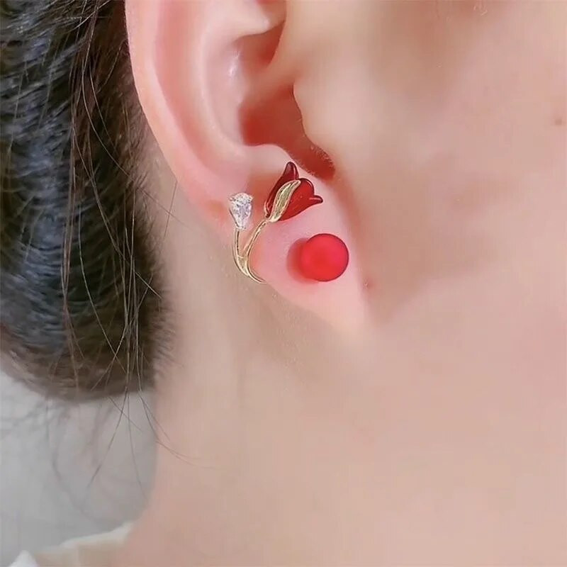 Korejske modne ženske naušnice s imitacijom crvenog cvijeta, elegantne naušnice s cirkonima, lijepe naušnice za vjenčanje, nakit, dar Mujer