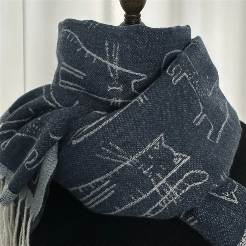 Kawaii Cat Sieviešu Šalle Ziemas Biezināta Silta Kašmira Adīšana Bieza Pušķa Šalle Sieviešu Vīriešu Pāra Šalle Aksesuāri