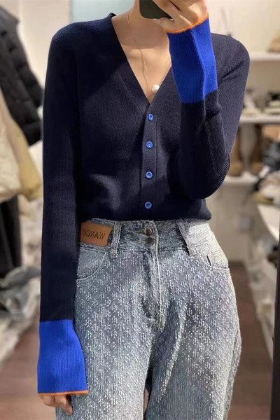 Kašmyro megztinis megztinis Moteriškas pleiskanojančiomis rankovėmis Elegantiškas vintažinės kontrastinės spalvos megztinis Megztas rudens žiemos viršutinis drabužis