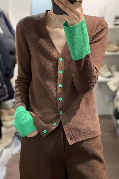 Kašmyro megztinis megztinis Moteriškas pleiskanojančiomis rankovėmis Elegantiškas vintažinės kontrastinės spalvos megztinis Megztas rudens žiemos viršutinis drabužis