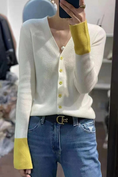 Kašmyro megztinis megztinis Moteriškas pleiskanojančiomis rankovėmis Elegantiškas vintažinės kontrastinės spalvos megztinis Megztas rudens žiemos viršutinis drabužis