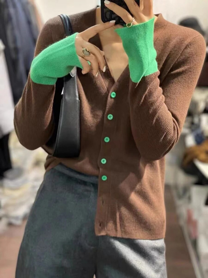 Kašmyro megztinis megztinis Moteriškas pleiskanojančiomis rankovėmis Elegantiškas vintažinės kontrastinės spalvos megztinis Megztas rudens žiemos viršutinis drabužis