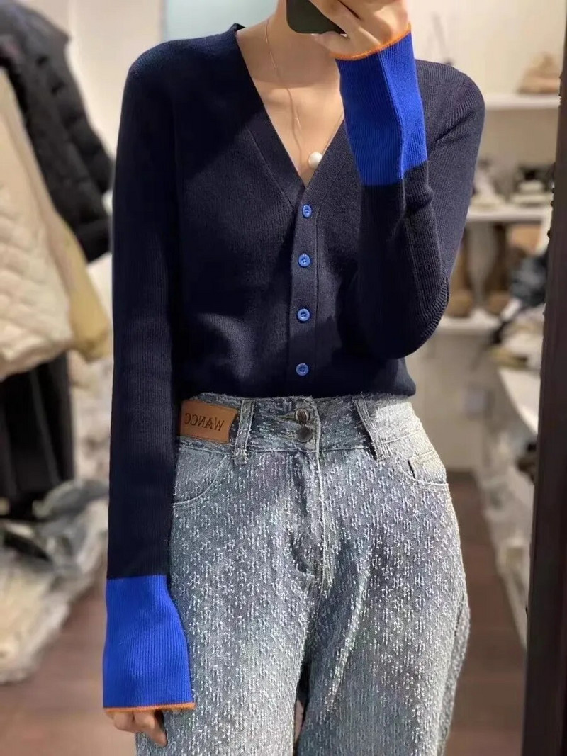 Kašmyro megztinis megztinis Moteriškas pleiskanojančiomis rankovėmis Elegantiškas vintažinės kontrastinės spalvos megztinis Megztas rudens žiemos viršutinis drabužis