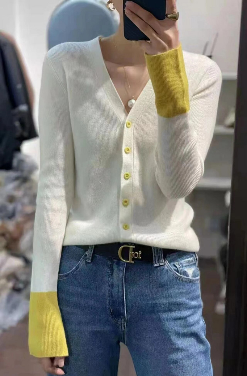 Kašmyro megztinis megztinis Moteriškas pleiskanojančiomis rankovėmis Elegantiškas vintažinės kontrastinės spalvos megztinis Megztas rudens žiemos viršutinis drabužis