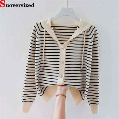 Triibuline kapuutsiga õhuke ülisuur 4xl kardigan kootud kevadsügis naiste topid lahtised elegantsed kudumid kampsun vabaaja uus šikk mantel