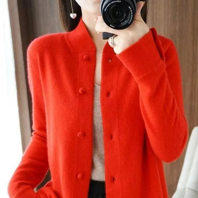 Ležerni ženski jednobojni džemperi s različitim kombinacijama Jesen Zima Modni samostojeći ovratnik Jednoredno kopčanje Pleteni kardigan s navojem