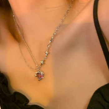 Колие с висулка Y2K Purple Crystal Heart Women Light Luxury Egirl Punk Grunge Chain Clavicle Fashion Jewelry Party Gifts