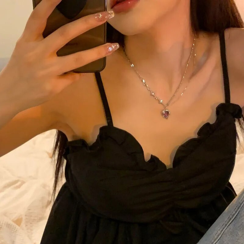 Y2K ljubičasta ogrlica s privjeskom od kristalnog srca Ženska svjetla luksuzna Egirl Punk Grunge lanac za ključnu kost Modni nakit Pokloni za zabave