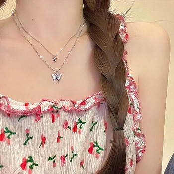Γυναικείες και κοσμήματα Κλασικό κολιέ με διπλό στρώμα πεταλούδας μόδας 2023 Νέος γιακάς αλυσίδα ελαφρύ πολυτελές μικρό κρεμαστό λαιμό