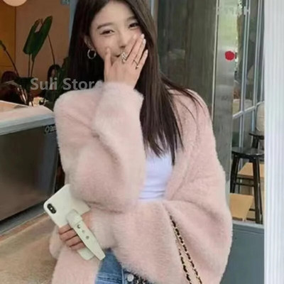 Dugački kardigan od imitacije nerca Ženski ležerni široki mekani pulover Gileta Elegantna jesen-zima Pahuljaste pletene jakne Toplo pleteno