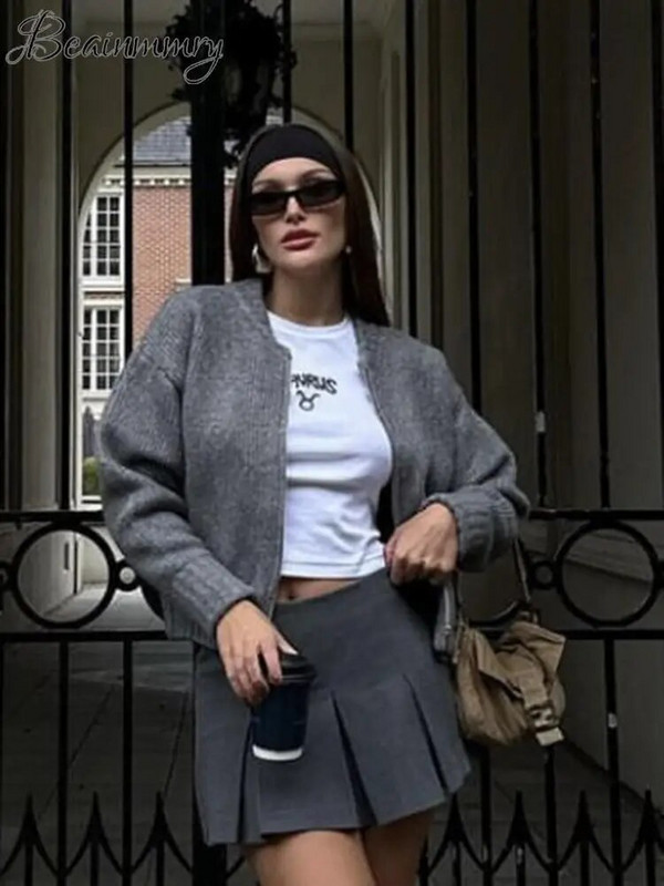 Sivi ženski pulover s dugim rukavima Kint s O-izrezom i patentnim zatvaračima Elegantni ženski džemperi 2023. Jesen Zima High Street uska ženska gornja odjeća