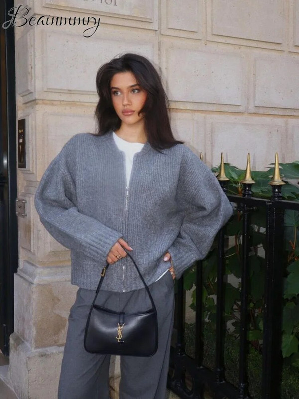 Sivi ženski pulover s dugim rukavima Kint s O-izrezom i patentnim zatvaračima Elegantni ženski džemperi 2023. Jesen Zima High Street uska ženska gornja odjeća