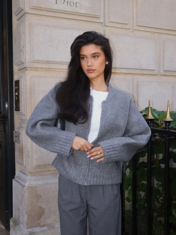 Sivi ženski pulover s dugim rukavima Kint s O-izrezom i patentnim zatvaračima Elegantni ženski džemperi 2023. Jesen Zima High Street uska ženska gornja odjeća