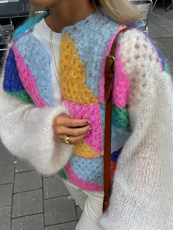 Ležerni patchwork ženski pleteni kardigani, jesenski heklani džemperi s lanternastim rukavima, ženski 2023, široka, elegantna ulična odjeća s O-izrezom