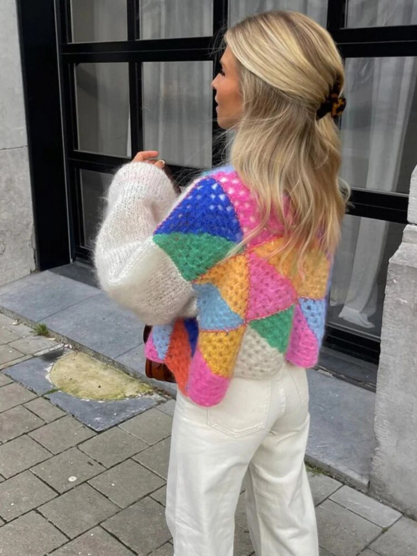 Ležerni patchwork ženski pleteni kardigani, jesenski heklani džemperi s lanternastim rukavima, ženski 2023, široka, elegantna ulična odjeća s O-izrezom