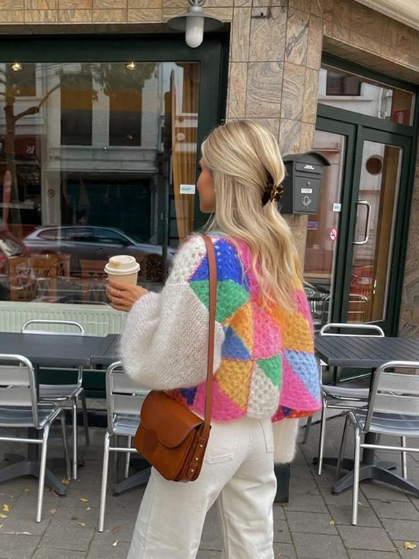 Ležerni patchwork ženski pleteni kardigani, jesenski heklani džemperi s lanternastim rukavima, ženski 2023, široka, elegantna ulična odjeća s O-izrezom