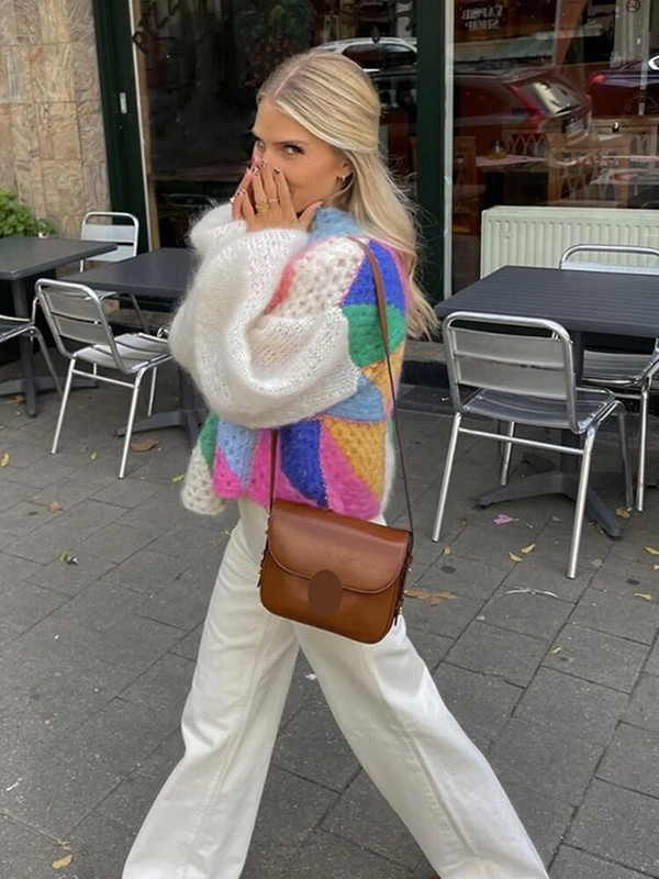 Ležerni patchwork ženski pleteni kardigani, jesenski heklani džemperi s lanternastim rukavima, ženski 2023, široka, elegantna ulična odjeća s O-izrezom