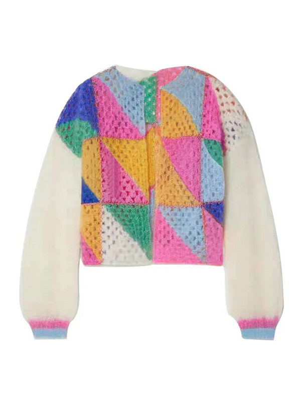 Ležerni patchwork ženski pleteni kardigani, jesenski heklani džemperi s lanternastim rukavima, ženski 2023, široka, elegantna ulična odjeća s O-izrezom