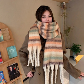 Корейска версия на новия женски есенно-зимен винтидж шал с градиент на цветни ивици, удебелен топъл шал с деколте на студент
