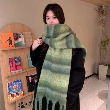 Корейска версия на новия женски есенно-зимен винтидж шал с градиент на цветни ивици, удебелен топъл шал с деколте на студент