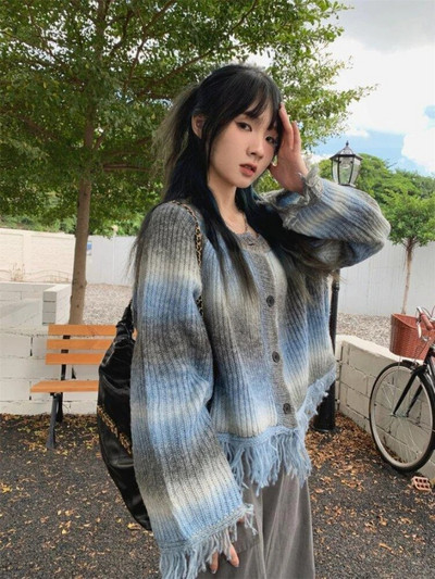 Y2K pušķu džemperis Sieviešu Harajuku Vintage Tie Dye Trikotāžas Crop jaka Rudens korejiešu vaļīgs gotikas trikotāžas augšējais mētelis 2023