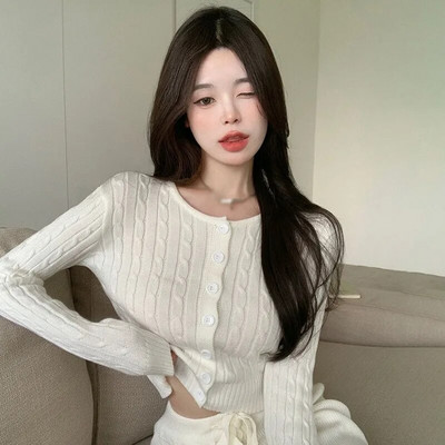Pleteni kardigan Ženski kaput dugih rukava, korejski pulover s okruglim izrezom Vintage, uski, kratki topovi, proljeće