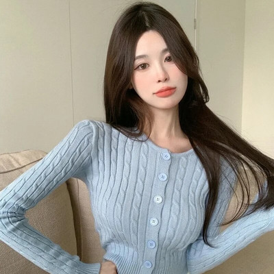 Pleteni kardigan Ženski kaput dugih rukava, korejski pulover s okruglim izrezom Vintage, uski, kratki topovi, proljeće