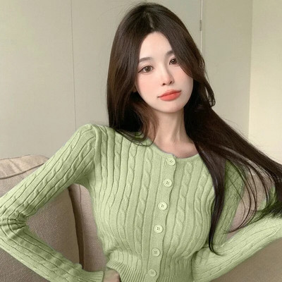 Pleteni kardigan Ženski kaput dugih rukava, korejski pulover s okruglim izrezom Vintage, uski, kratki topovi, proljeće